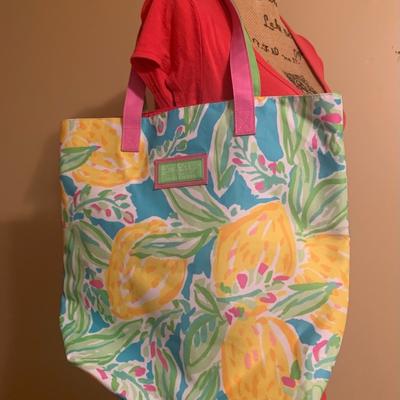 LILLY PULITZER for Estee Lauder Tropical lemon print canvas tote bag VVGUC+++ - Picture 3 of 9